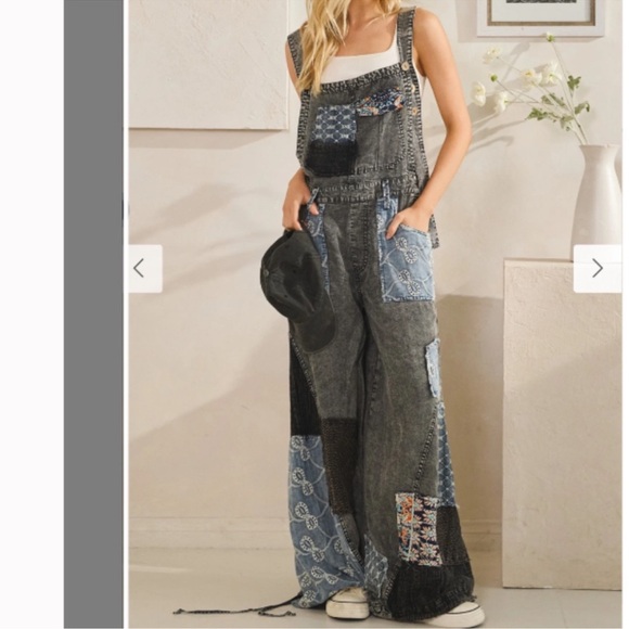 Denim - New:Oli & Hali Relaxed Fit Mixed Fabric Print Patchwork Wide Leg Overalls•Large